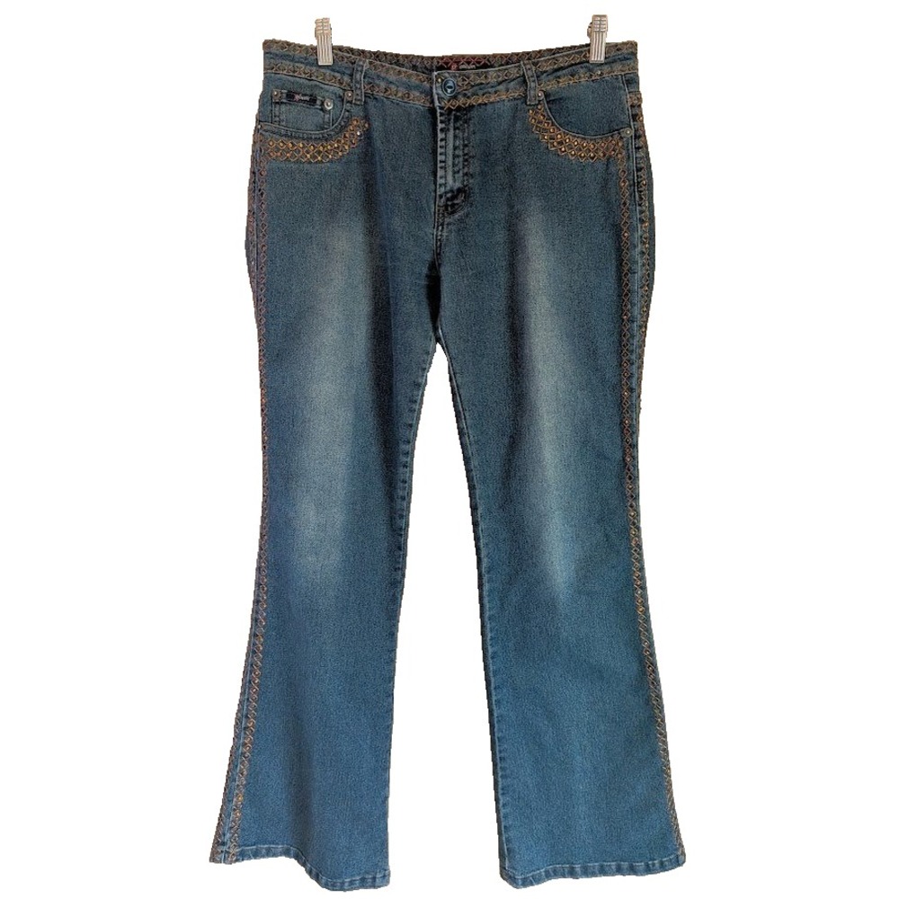 Platinum Plush Jeans Womens 13 Y2K Boho Rhinestone Embroidered Bootcut Flare